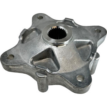 Silver metal Polaris rear wheel hub with splined center and four mounting holes.