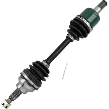 Black metal CV axle shaft with green and silver joints, accordion-style rubber boots, and a small metal pin accessory.