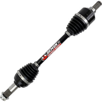 A Yamaha Grizzly Axle Complete Heavy Duty Rear Left & Right by Demon is shown, featuring a black chromoly steel shaft, protective rubber boots, and high articulation CV joints. The Demon Powersports logo appears at the center on a white background.