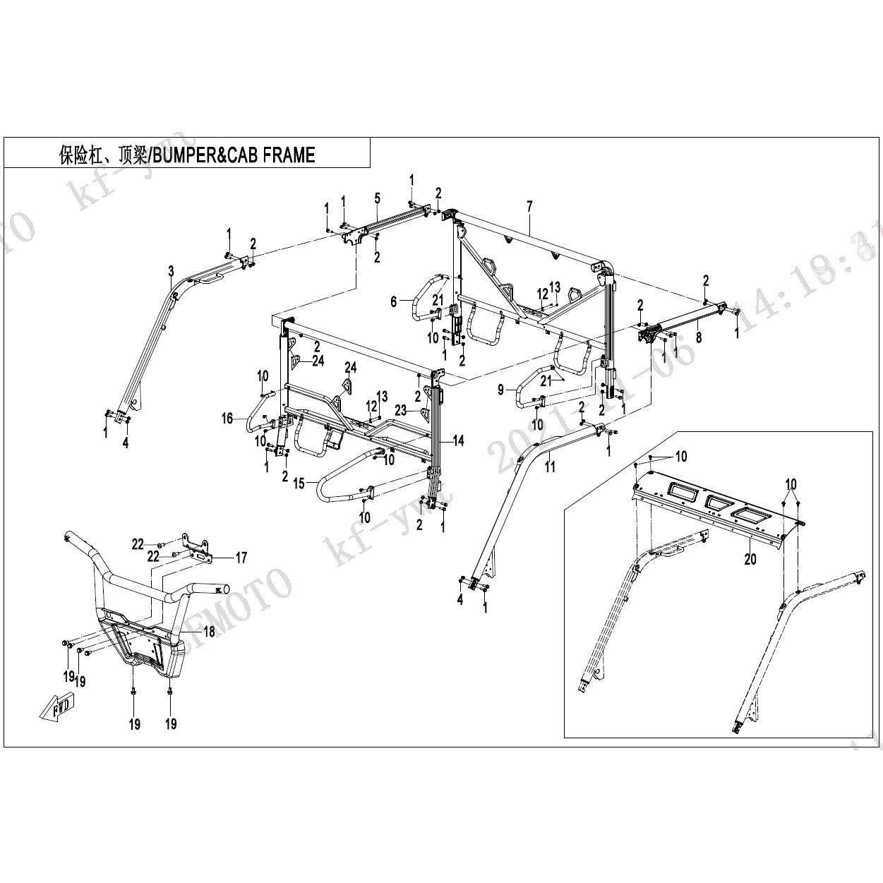 An Image of a Genuine CFMOTO Parts Schematic Diagram showing the schematic - BUMPER & CAB FRAME - 2022 CFMOTO UFORCE 1000 XL