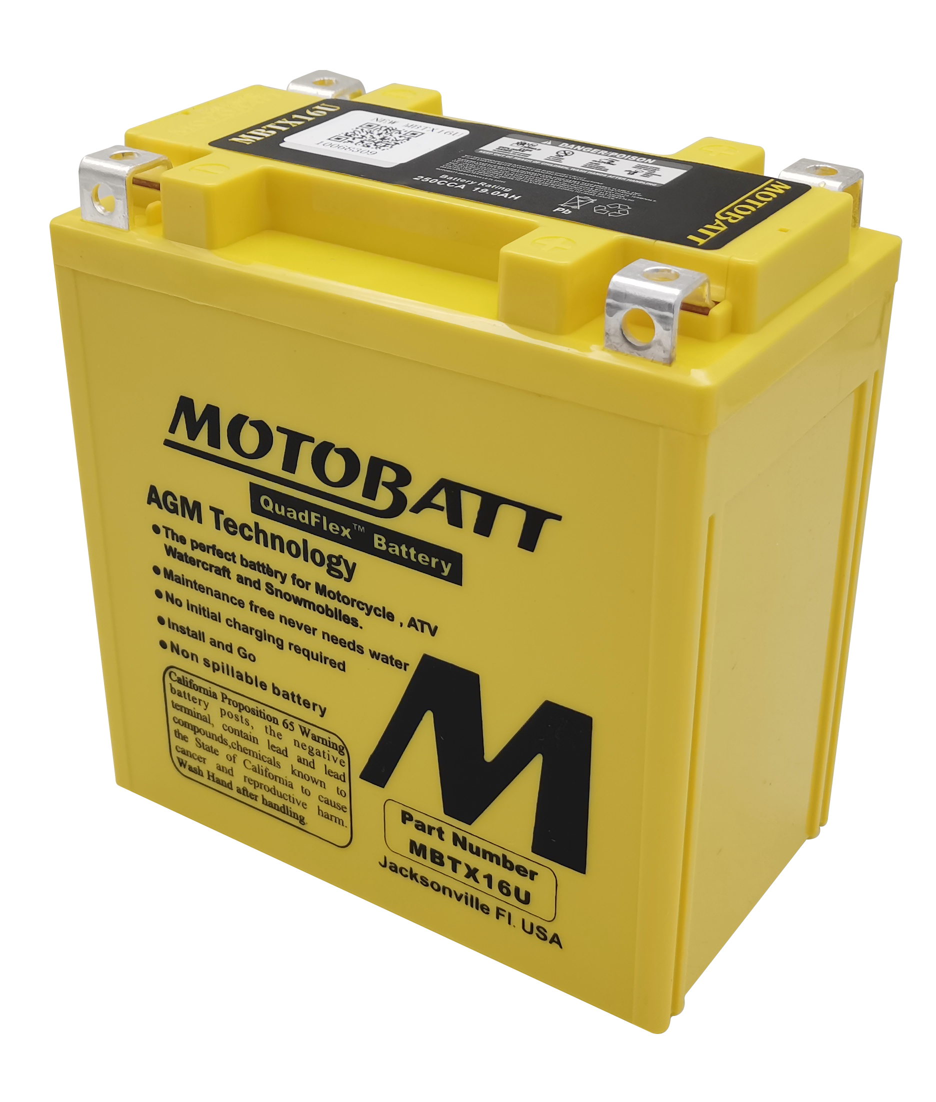 The Mbtx16U Sealed Factory Activated AGM Battery by MotoBatt is yellow with black text, a large M logo, metal top terminals, and AGM technology for motorcycles and ATVs. Maintenance-free; part number MBTX16U.