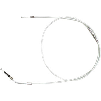 An Indian High-Efficiency Braided Sterling Chromite II® Clutch Cable by Magnum Shielding with metal ends and a black rubber boot on one end is coiled and displayed on a white background.