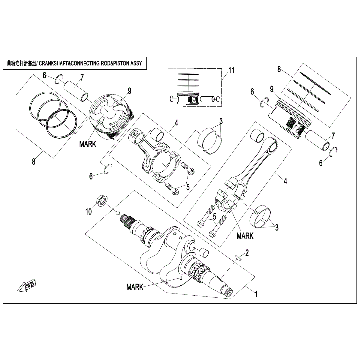 An Image of a Genuine CFMOTO Parts Schematic Diagram showing the schematic - CRANKSHAFT/CONNETING ROD/PISTON ASSY. - 2022 CFMOTO UFORCE 800