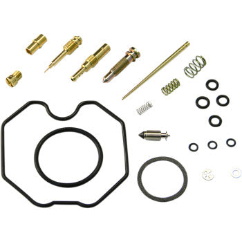 The Honda Carburetor Repair Kit by Shindy features float valves, jet needle sets, brass jets, springs, rubber O-rings, seals, and gaskets arranged neatly on a white background.