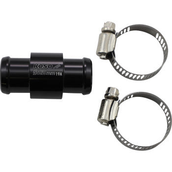 The Water Temperature Sensor Adapter 22 mm by Koso North America, in black cylindrical design, comes with two adjustable metal hose clamps and is shown on a white background.