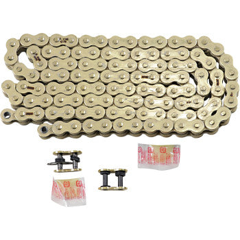 The 520 Max X Chain 150 Links Gold by Rk is a coiled gold RX-ring chain shown with two master links and two lubricant packets, all displayed on a white background.