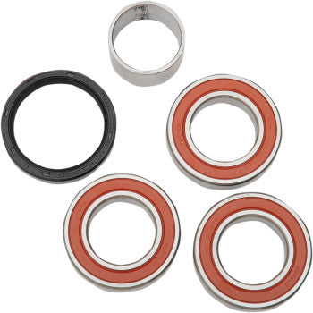The UTV Bearings Hub Housing S Kit by Camso includes four circular bearings with red inner rings, a black circular seal, and spacers, all arranged on a white background.
