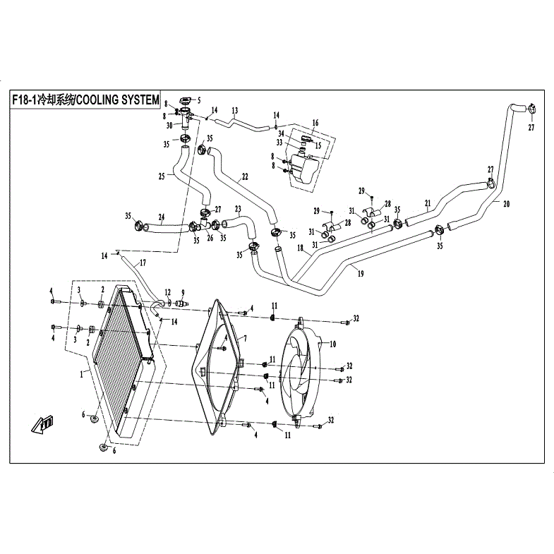 An Image of a Genuine CFMOTO Parts Schematic Diagram showing the schematic - COOLING SYSTEM (WATER) - 2018 CFMOTO ZFORCE 800 Trail