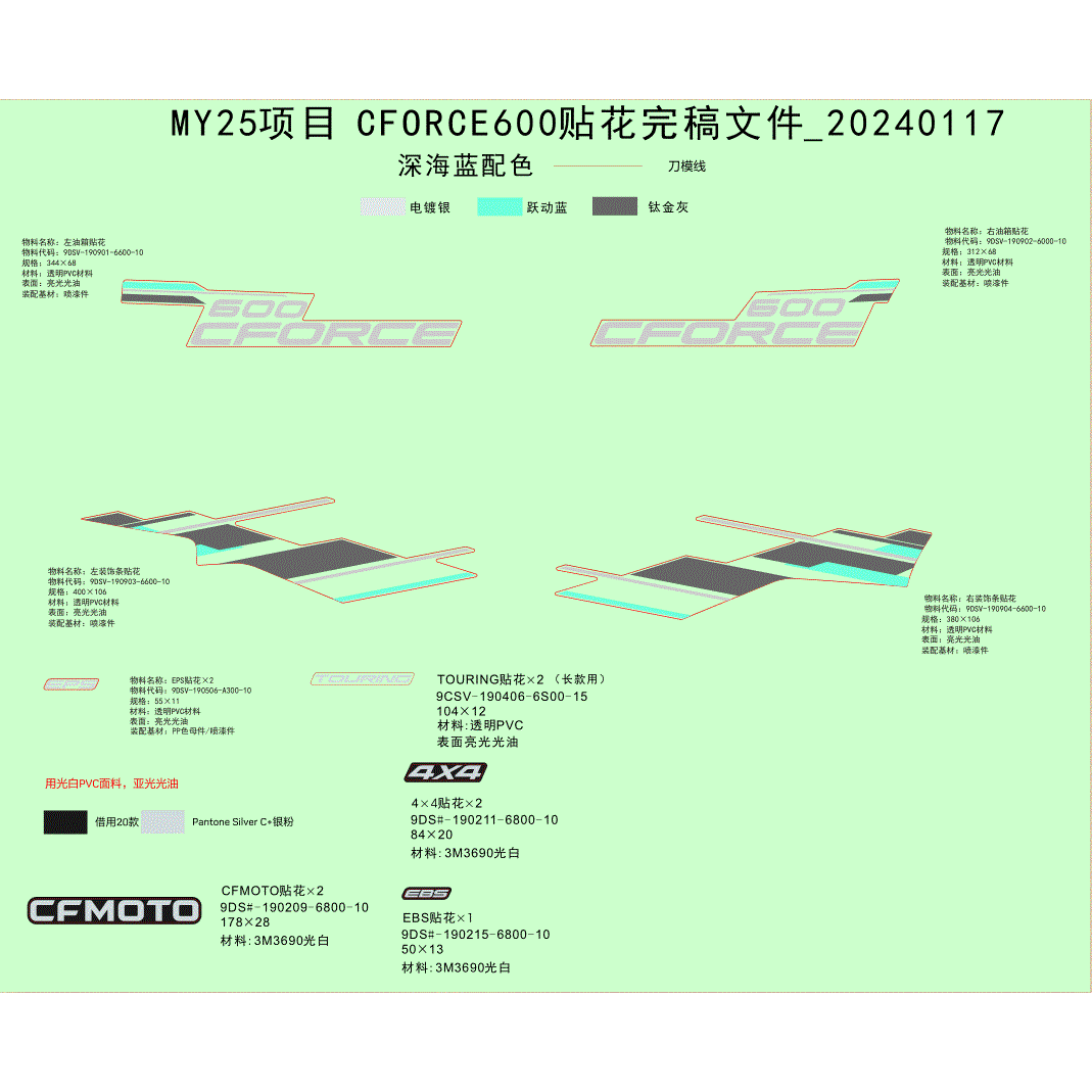 An Image of a genuine CFMOTO Parts Schematic Diagram showing the group - DECAL KITS (TWILIGHT BLUE) - 2025 CFMOTO CFORCE 600 TOURING