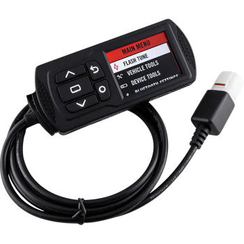 The Yamaha Power Vision 3 ECU Tuner by Dynojet is a handheld automotive tuning device that shows a Main Menu with options like Flash Tune, Vehicle Tools, and Device Tools. It connects via a black cable with a white USB connector.