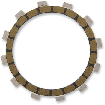 The Clutch Friction Plate by Barnett is a heavy-duty circular metal plate with alternating brown and gray rectangular segments around the edge, perfect for pairing with steel drive plates.