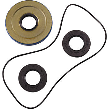 The Can Am Differential Seal Kit Front by Moose Offroad, featuring a metal washer, two rubber seals, and a thin black rubber belt, is displayed against a white background.