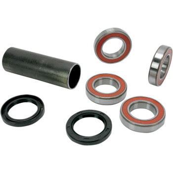 The Yamaha Raptor Blaster Banshee Wheel Hub Carrier Rebuild Kit Super Twin by Lone Star Racing / Tech 5 Ind. includes a metal spacer, four red-sealed ball bearings, and two black seals, displayed on a plain white background.