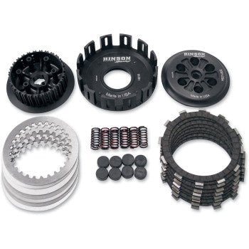 The Clutch Kit by Hinson Racing, featuring billet aluminum plates, springs, a clutch basket, and pressure discs, is displayed neatly on a white background to showcase its performance-enhancing components.