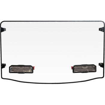 The Polaris Ranger Vented Windshield by Seizmik is a rectangular clear polycarbonate shield with a black border, two black wiper assemblies at the bottom corners, and a weather-tight seal for maximum protection.