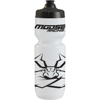 The Agroid Water Bottle 26 U.S. fl oz. by Moose Offroad is a white, BPA-free bottle with a black screw cap, the Moose Racing logo near the top, and a bold black moose head design on the body.
