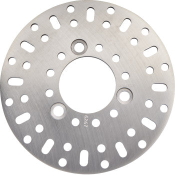 The Kawasaki - Arctic Cat - Kymco - Brake Rotor by Ebc is a metal disc brake rotor featuring evenly distributed round and oval ventilation holes across its surface.