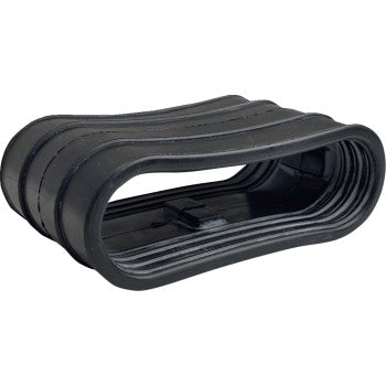 The Can Am Clutch Boot Inlet by Quad Logic is a black, flexible, oval rubber connector with ribbed edges and a hollow center, designed for sealing or joining pipes or ducts.