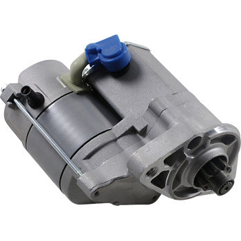 A close-up of the Kawasaki Starter Motor 2 Thread by Parts Unlimited shows its silver metallic cylindrical body, copper bushings, and blue and black plastic parts, all built to OEM specs.