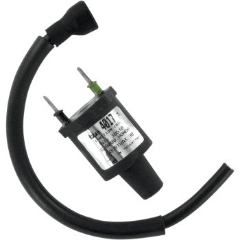 Black Honda Hot Shot ignition coil with attached black spark plug wire and metal connectors.