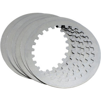 A set of five round steel clutch plates with inner notches, slightly fanned out on a white background—Clutch Plate Kit Steel by Hinson Racing, perfect for high-performance or replacement needs.