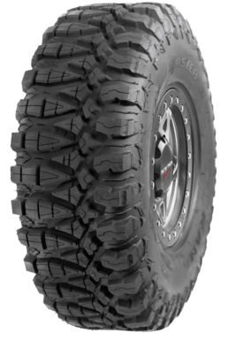 The Tire Terra Master Sq 35X10R15 by GBC is a large off-road tire with deep, aggressive tread and non-stepped lugs on a dark alloy wheel, featuring lightweight nylon construction for superior traction on rough terrain.