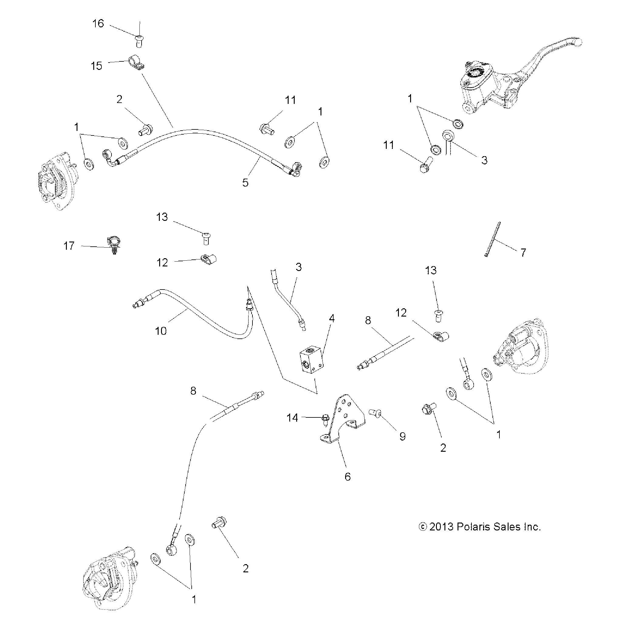 An Image of a Genuine Polaris Parts Schematic Diagram showing the schematic - BRAKES: BRAKE LINES - 2016 POLARIS SPORTSMAN 850 SP