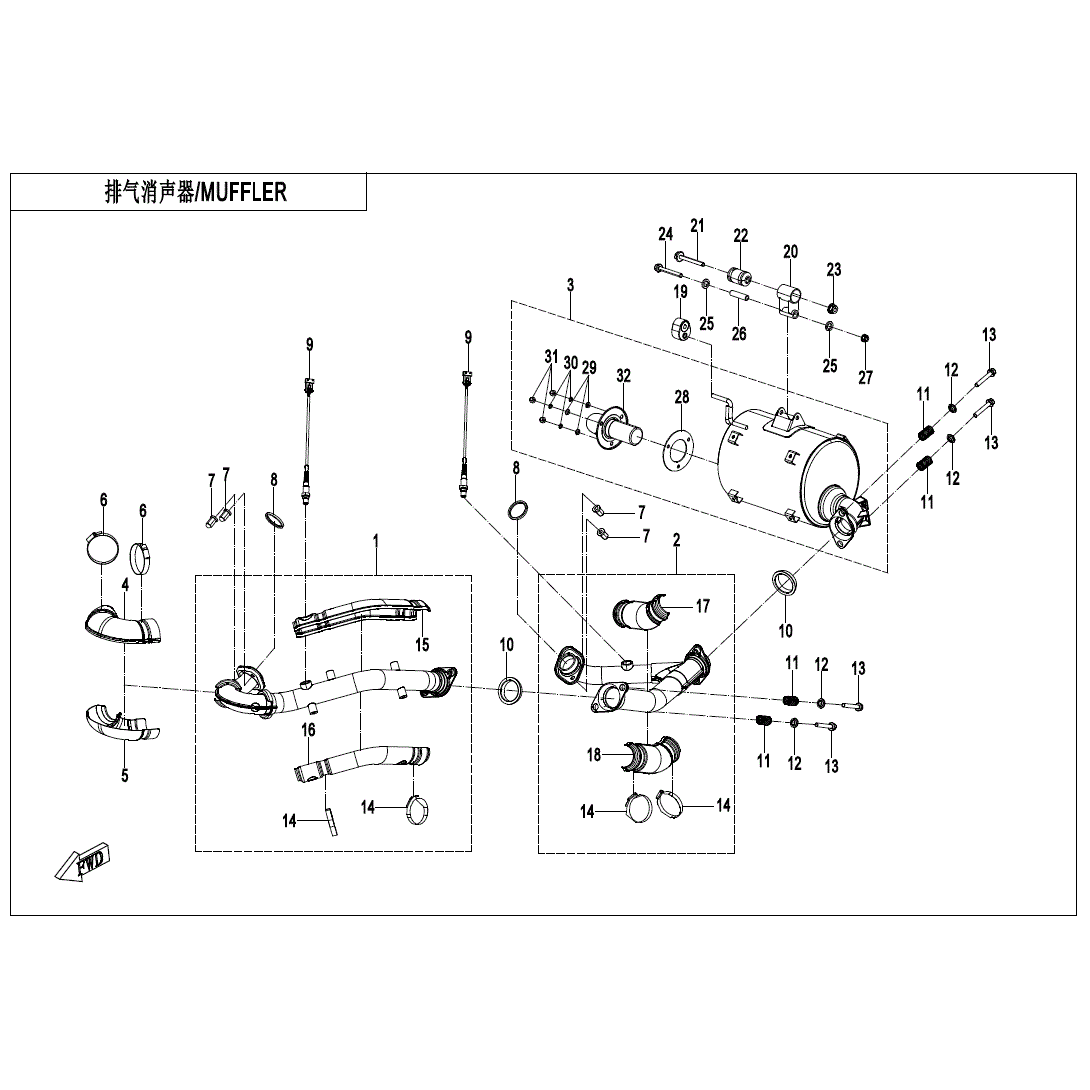 An Image of a Genuine CFMOTO Parts Schematic Diagram showing the schematic - MUFFLER - 2025 CFMOTO UFORCE 800 XL