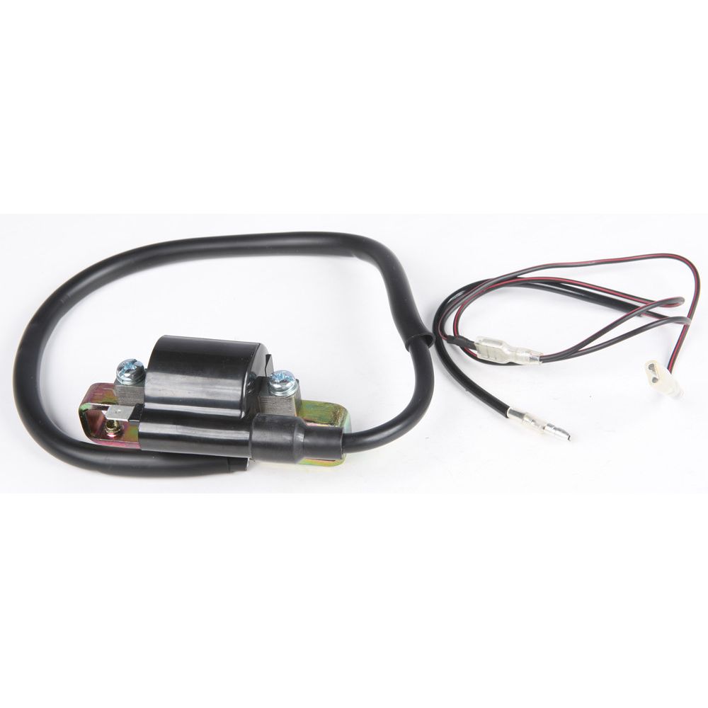 The Yamha Grizzly Ignition Coil by Bronco is a black ATV ignition coil with two attached wires and connectors, mounted on a metal bracket with two screws, shown on a white surface.