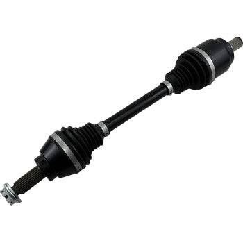 The Honda Pioneer Axle Complete Heavy Duty Rear Left & Right by Demon is a black automotive drive shaft with rubber boots, metal joints, and strong chromoly steel axles for reliable torque transmission from transmission to wheels.