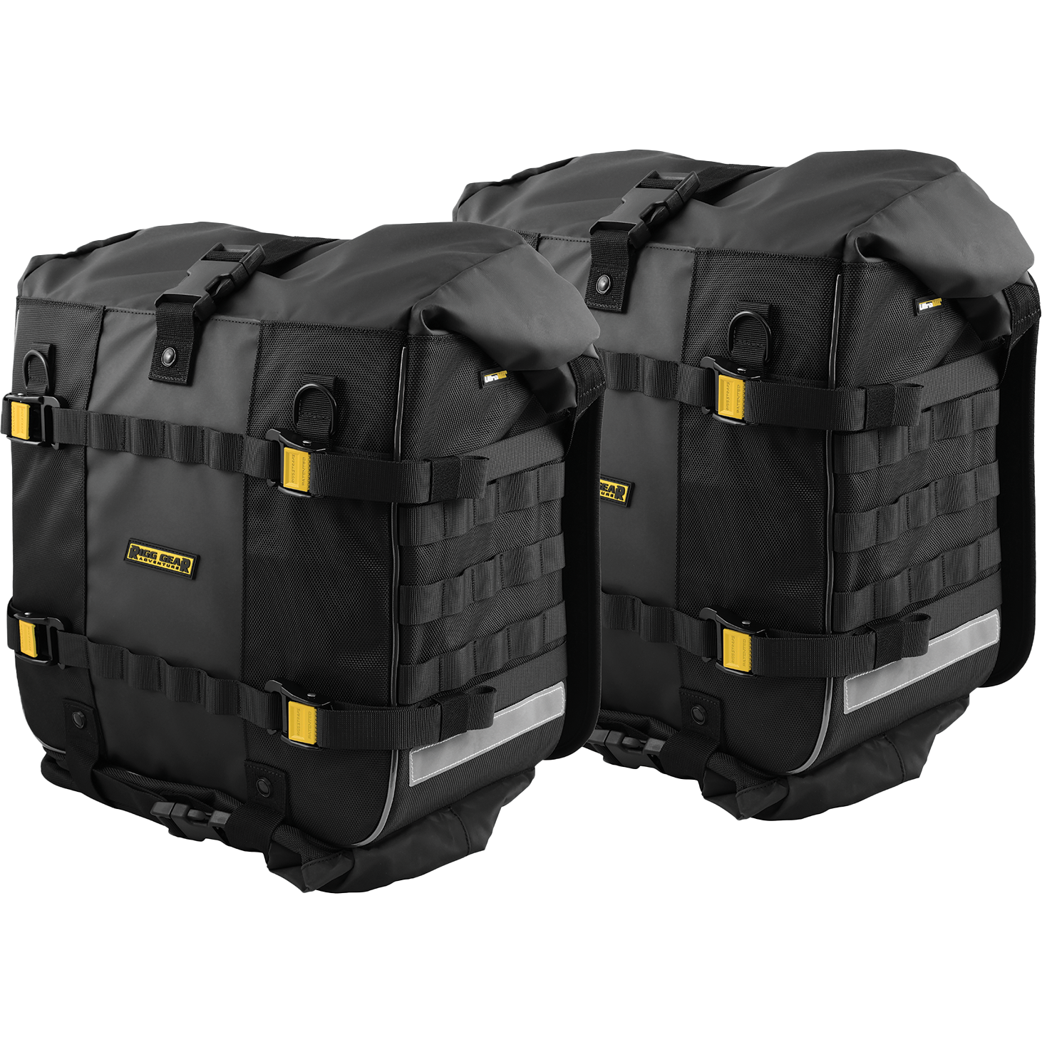 The Trails End Adventure Saddlebags 25L by Nelson Rigg are black with yellow and reflective accents, multiple straps, handles, buckles, and a rugged design. They are shown side by side facing slightly outward.
