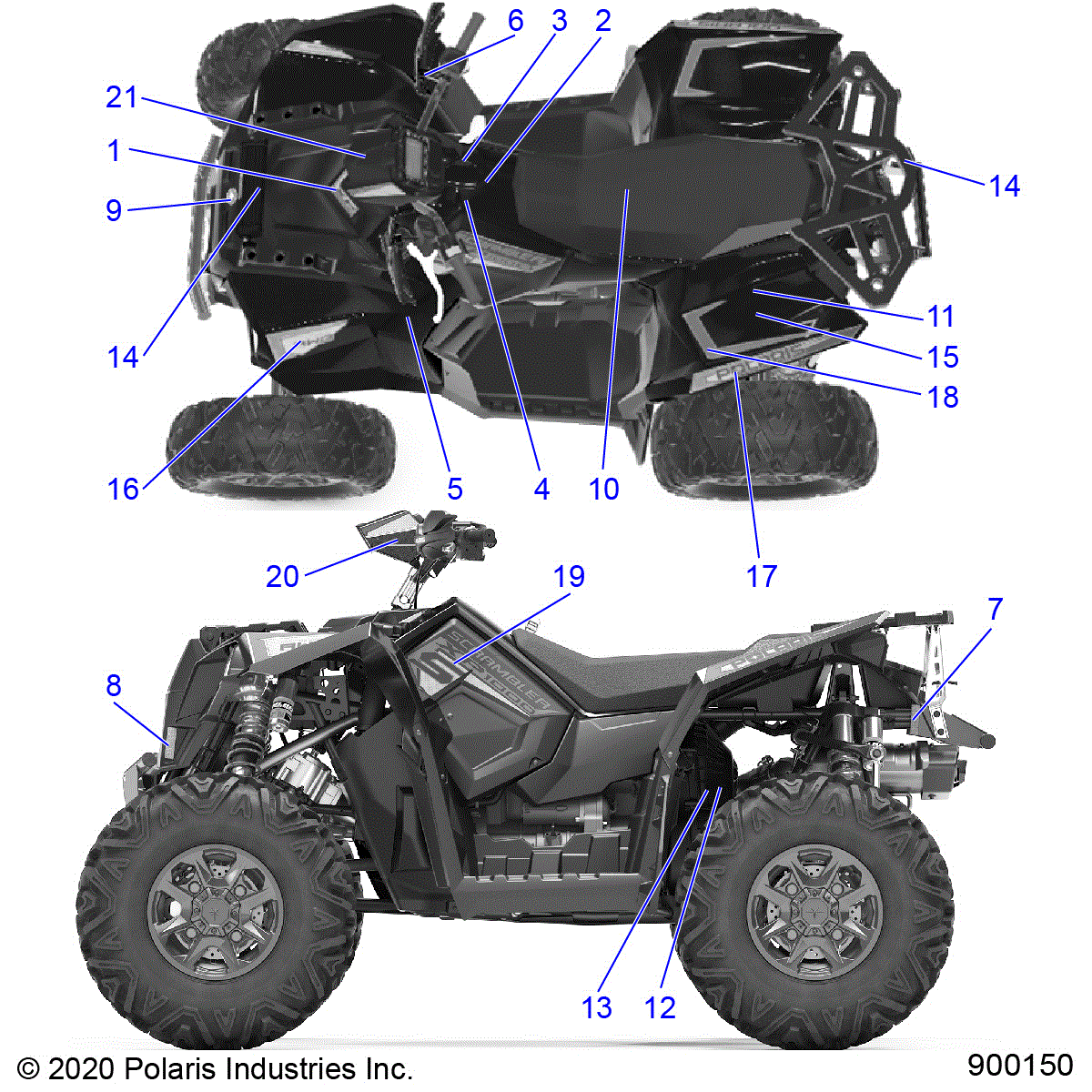 An Image of a Genuine Polaris Parts Schematic Diagram showing the schematic - BODY: DECALS - 2021 POLARIS SCRAMBLER XP 1000 S 55"