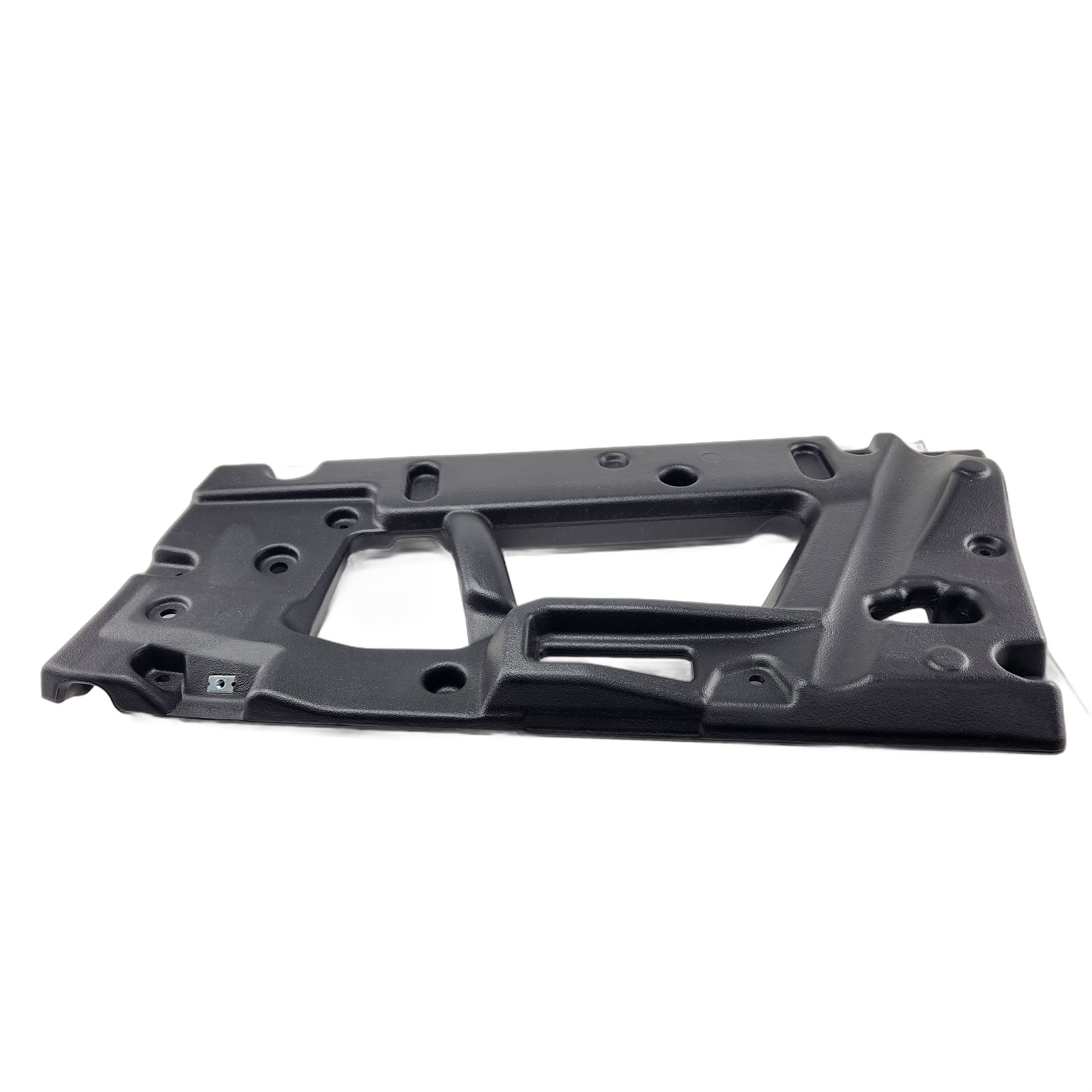 A black, rectangular plastic Panel, Right Rear Door by Honda with multiple cutouts, holes, and textured surfaces—perfect for those needing genuine Honda UTV OEM parts. Shown on a white background.