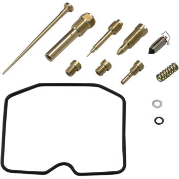 The Kawasaki Carburetor Repair Kit by Shindy includes jet needle sets, float valves, brass jets, needles, springs, washers, and a black rubber gasket displayed on a white background.