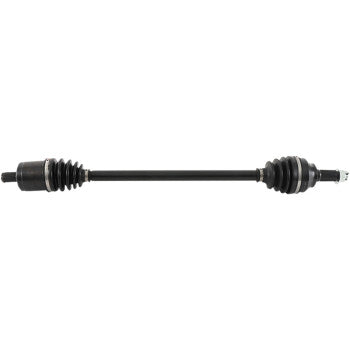 The Polaris RZR Axle Kit Complete 8 Ball Extreme Duty Front Left & Right by All Balls features a black chromoly axle shaft with rubber boots on both ends and precision ball bearings, shown against a white background.