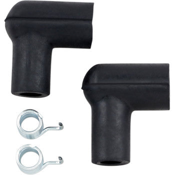 The Plug Cap Pair by Parts Unlimited includes two black neoprene spark plug caps with angled boots and two coiled spring connectors, shown on a white background, ensuring a secure connection for your ignition system.
