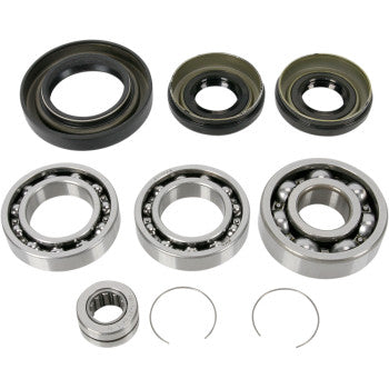 The Honda - Yamaha Differential Bearing Seal Kit Front by Moose Offroad includes EMQ quality bearings, two circular retaining clips, a cylindrical roller bearing, and three TC rubber seals—displayed on a white background.