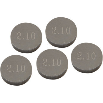 Five Prox Valve Shims (9.48 mm x 2.10 mm) are arranged on a white background, each precision machined and engraved with "2.10" to indicate thickness; this set includes five shims in total.