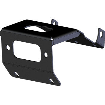 The Honda Winch Mount by Kfi Products is a black 10-gauge steel bracket with multiple holes and angled surfaces, designed for securely mounting a winch or attaching equipment.