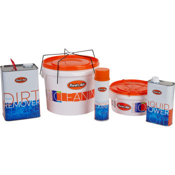 The Air Filter Maintenance Kit by Twin Air is displayed in a row, featuring containers with orange lids and blue-and-white labels reading CLEANER, DIRT REMOVER, and LIQUID POWER for filter maintenance.