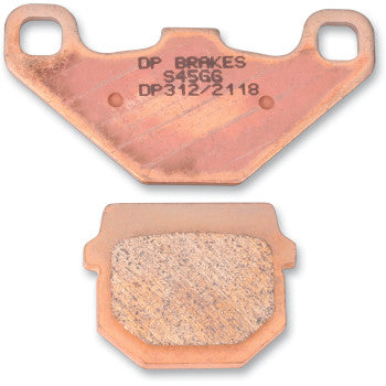 Copper-colored metal brake pads with friction material, labeled DP Brakes, designed for offroad use.