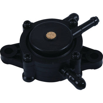 The All Balls Vacuum Fuel Pump for Kawasaki, Suzuki, and Arctic Cat is black plastic, ethanol resistant, has three hose connectors and four mounting holes, shown from above on a white background.