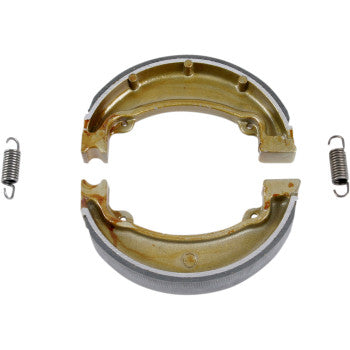 The EBC Brake Shoes feature a gold finish, bonded linings, and a semi-circular metallic design, supplied with two metal springs.