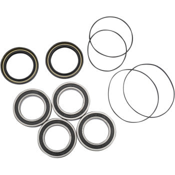 The Yamaha Raptor YFZ Wheel Bearing Kit Rear by Pivot Works includes six circular double-sealed ball bearings and four thin metal retaining rings, ideal for wheel bearings, steering, and braking control.