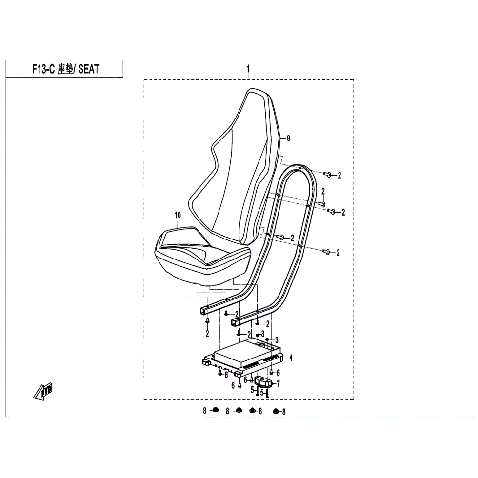 An Image of a Genuine CFMOTO Parts Schematic Diagram showing the schematic - SEAT (BLACK & WHITE) - 2022 CFMOTO ZFORCE 800 EX
