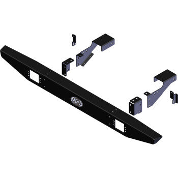 The Polaris Ranger Full Size Rear Bumper by Kfi Products is shown disassembled on a white background. This black, powder-coated bumper features cutouts, a central logo, and includes mounting brackets and hardware for durability.