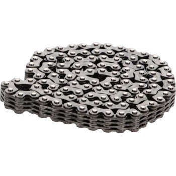 The Gas Gas - Kawasaki - Suzuki Cam Chain 82RH2010 by Prox, featuring 128 interlocking links built to OEM specs, is displayed coiled flat on a white background.