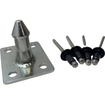 The Polaris Seat Latch Pins by Quad Logic feature a cone-shaped aluminum pin on a flat metal bracket with four mounting holes, shown alongside four black and silver rivets for secure seat stability.