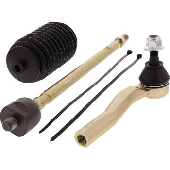 The Tie Rod End Kit Right Hand by Moose Offroad includes direct replacement tie-rod ends, an inner tie rod, a black rubber boot, and two black zip ties, all shown on a white background.