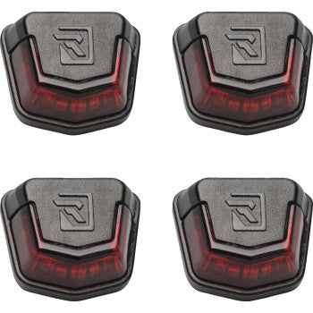 Four black and red rectangular Polaris Ranger trunk bed lights with a textured R logo on top and translucent red lens panels